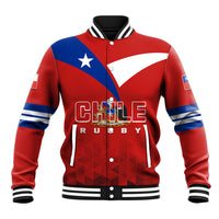Red baseball jacket with Chile flag star, bold front logo, striped collar and cuffs
