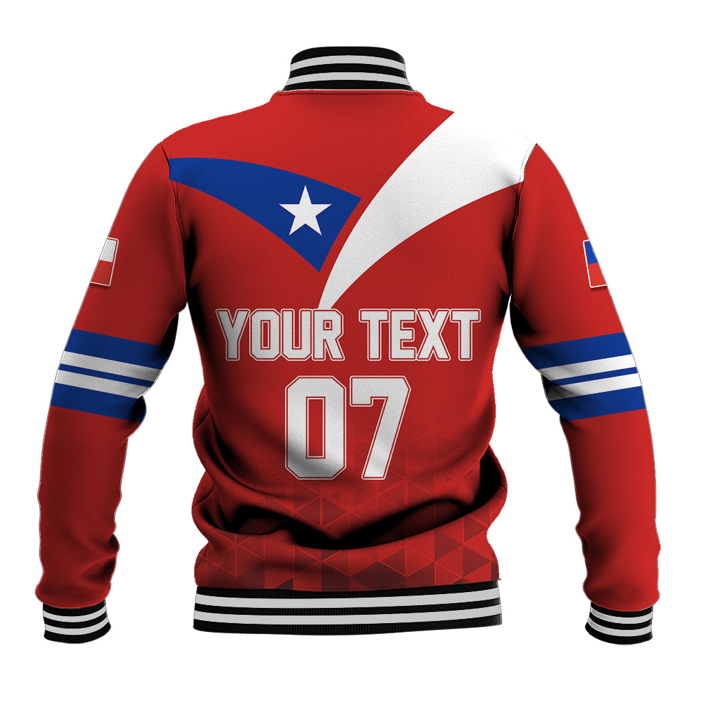 Red baseball jacket with Chile flag star, '07' back print, striped collar