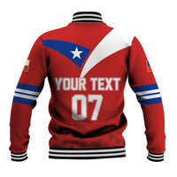 Red baseball jacket with Chile flag star, '07' back print, striped collar