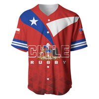 Red rugby baseball jersey with Chile flag panels, CHILE RUGBY print, button placket