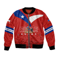 Red bomber jacket with Chile flag panels, front zip, ribbed cuffs and hem