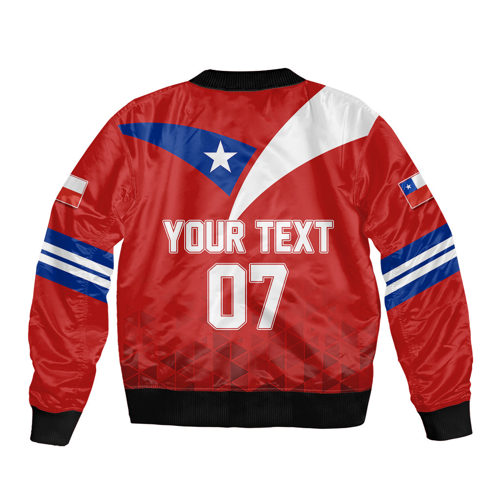Red bomber jacket with Chile flag on back, large "07" graphic, ribbed cuffs and hem