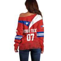 Red off-shoulder rugby sweater with back print text and blue/white stripe details