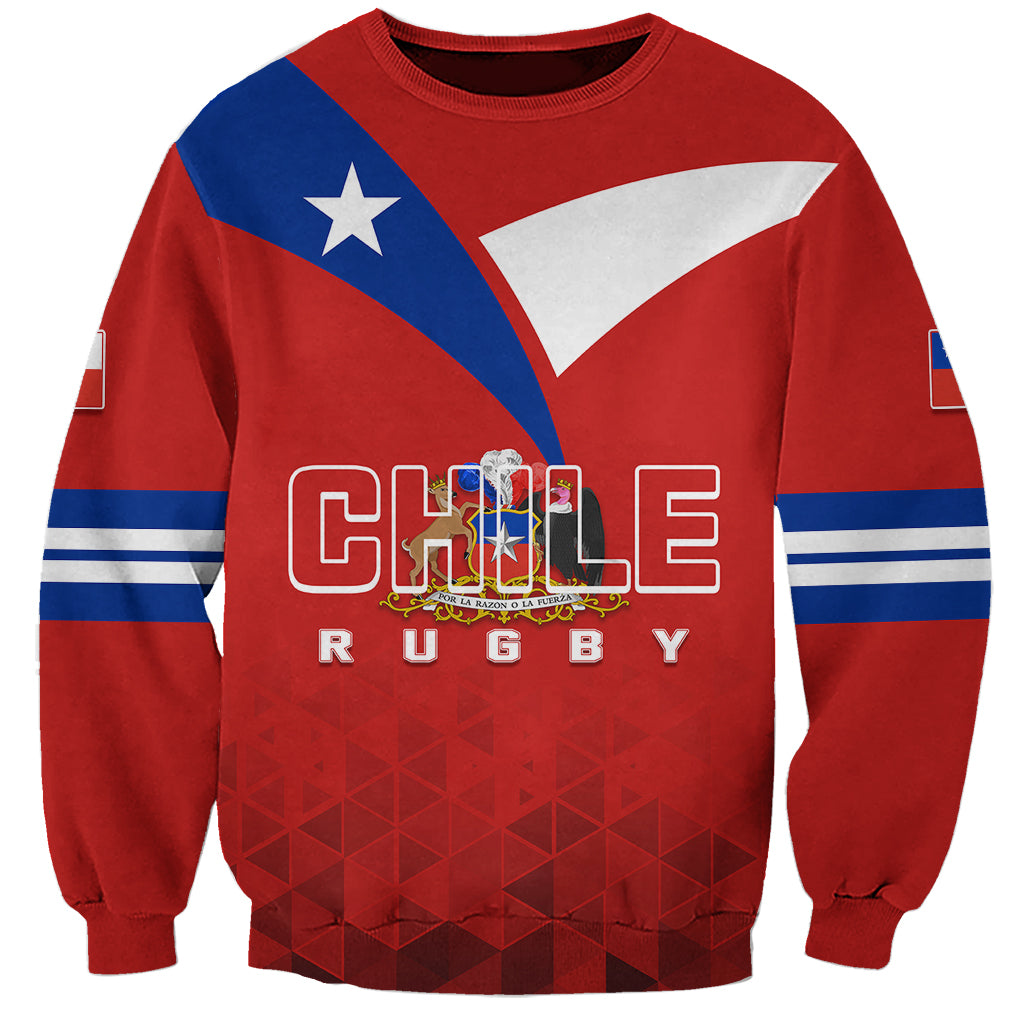 Red sweatshirt with Chile flag graphic and CHILE RUGBY logo print