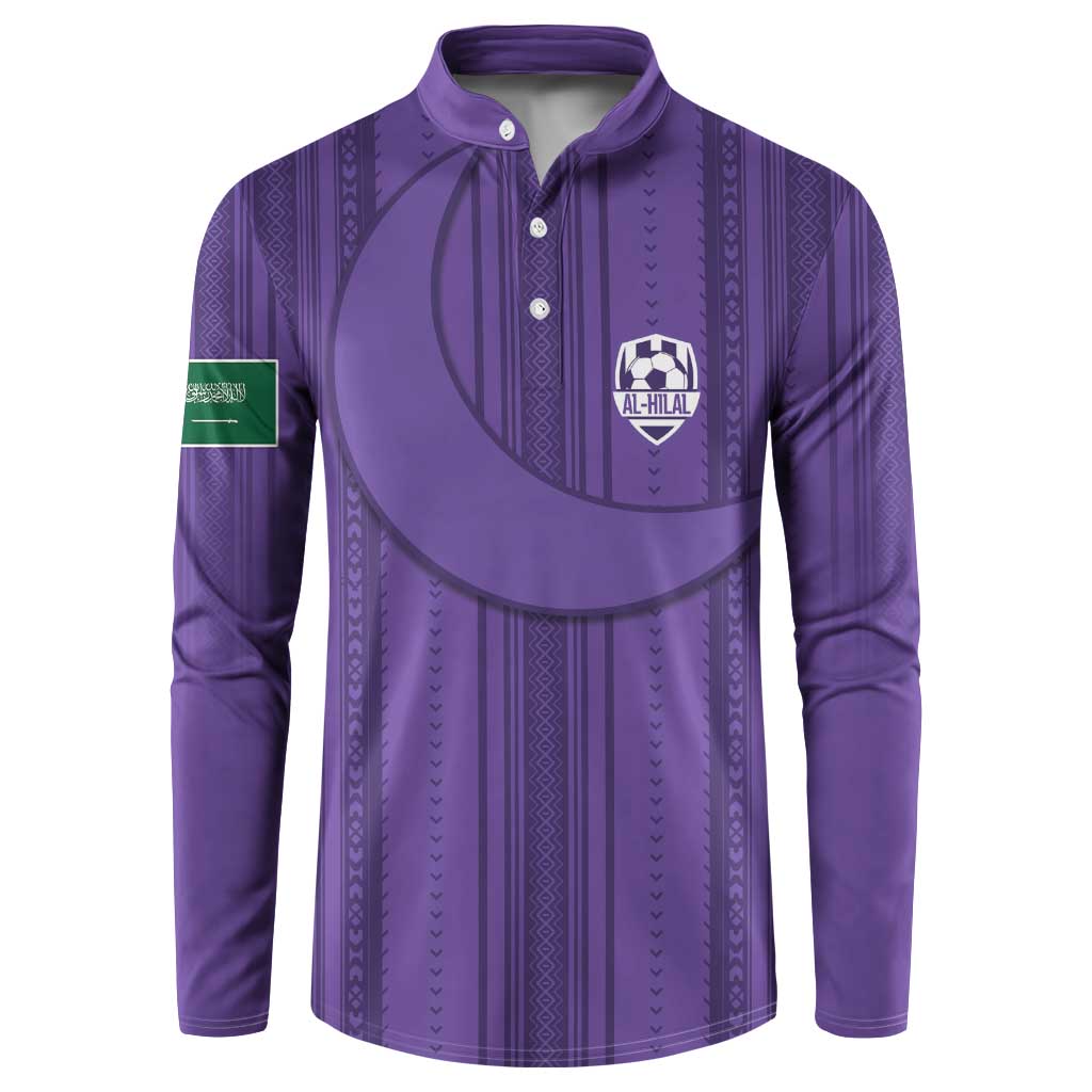 Purple long-sleeve button-up soccer sweatshirt with patterned front and Al-Hilal crest