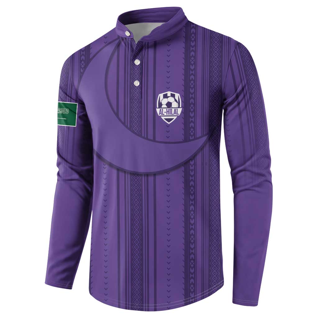 Purple long-sleeve soccer sweatshirt with crest logo and button front placket