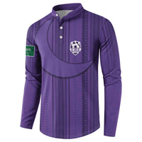 Purple long-sleeve soccer sweatshirt with crest logo and button front placket
