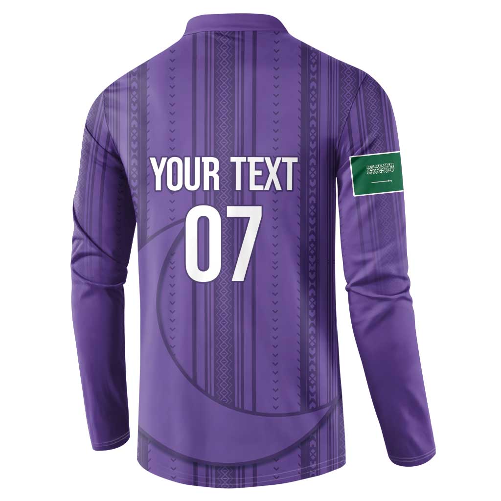 Purple long-sleeve soccer sweatshirt with back graphic text "YOUR TEXT" and "07"