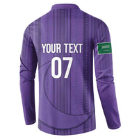 Purple long-sleeve soccer sweatshirt with back graphic text "YOUR TEXT" and "07"