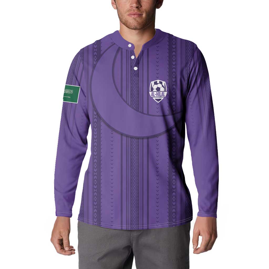 Purple long-sleeve button-up soccer sweatshirt with Al-Hilal crest at chest