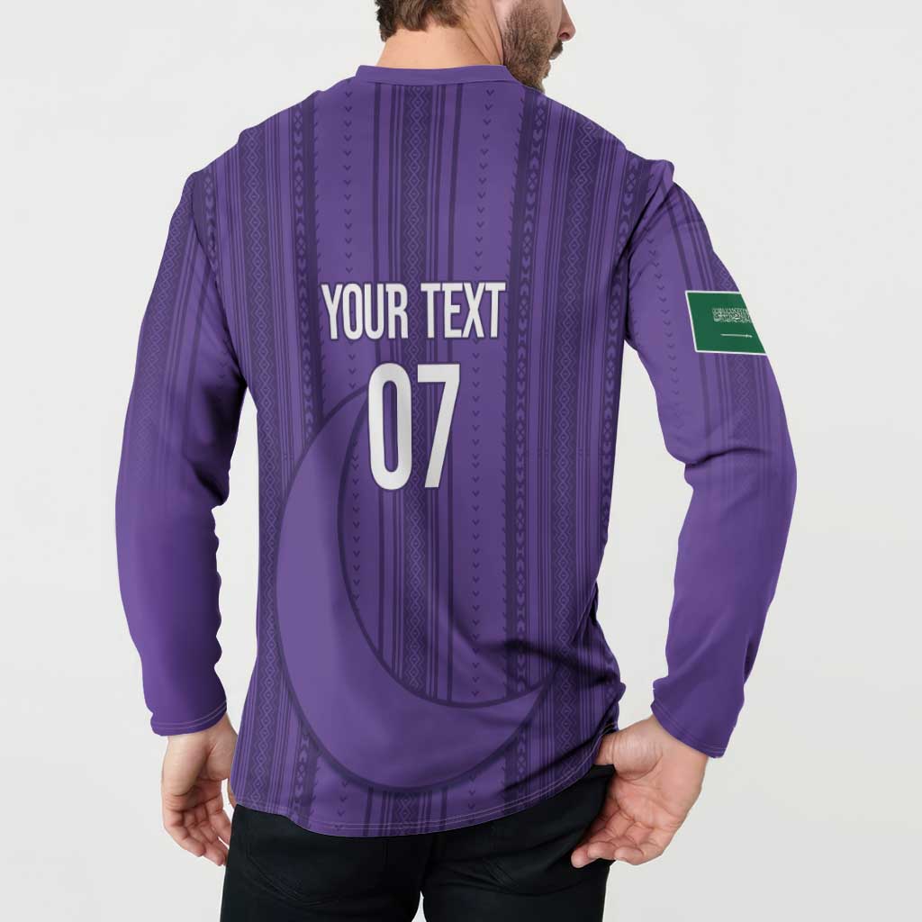 Purple long-sleeve soccer sweatshirt with back "YOUR TEXT" and "07" print