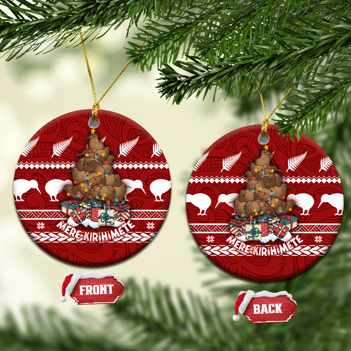 Red ceramic circular ornament with Santa and kiwi bird illustration, hanging by gold cord.