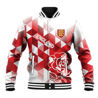 Custom baseball jacket in white with red check pattern, black rib collar and rose graphic