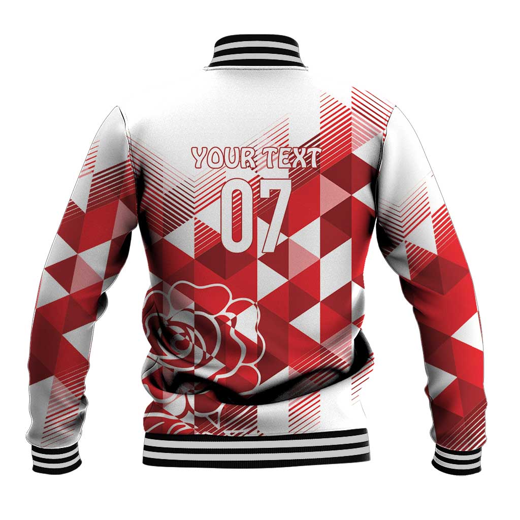 Custom baseball jacket white/red argyle back with 07 print, striped rib cuffs and hem