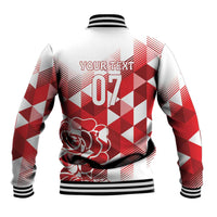 Custom baseball jacket white/red argyle back with 07 print, striped rib cuffs and hem