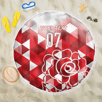 150cm round beach blanket with red/white geometric print, fringe edge, rose and 'YOUR TEXT 07'
