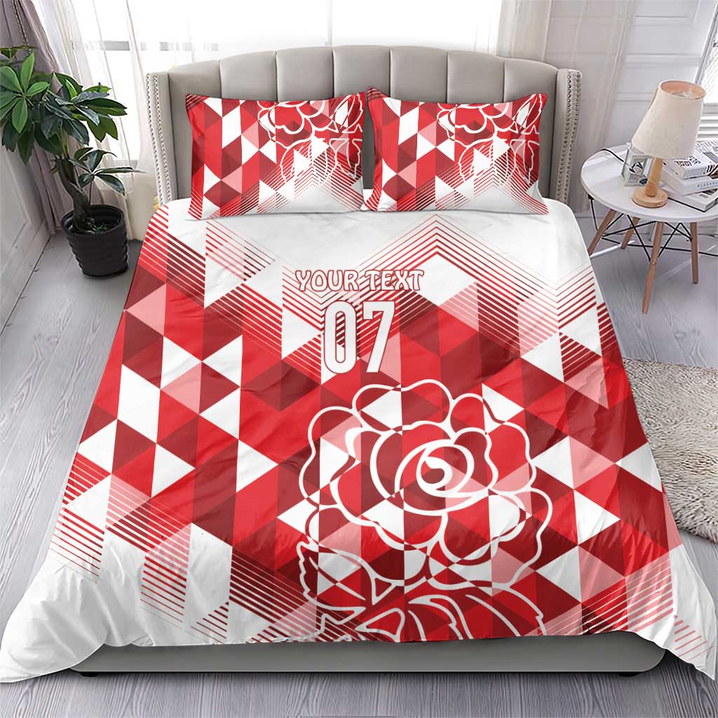 Red and white bedding set with geometric design, rose artwork, and 07 on duvet and pillows