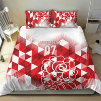 Red and white rugby bedding set with rose artwork, geometric check pattern, and 07 on duvet