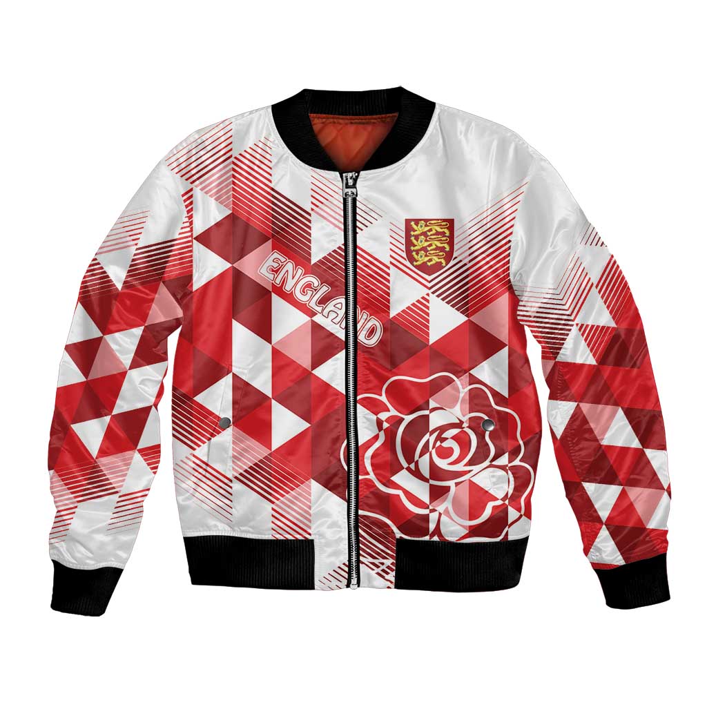 White and red check bomber jacket with black ribbed collar, zipper, and rose emblem