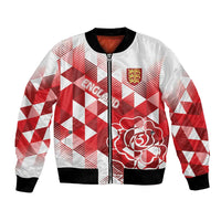 White and red check bomber jacket with black ribbed collar, zipper, and rose emblem