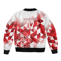 White and red check bomber jacket with black ribbed hem and large rose graphic on back