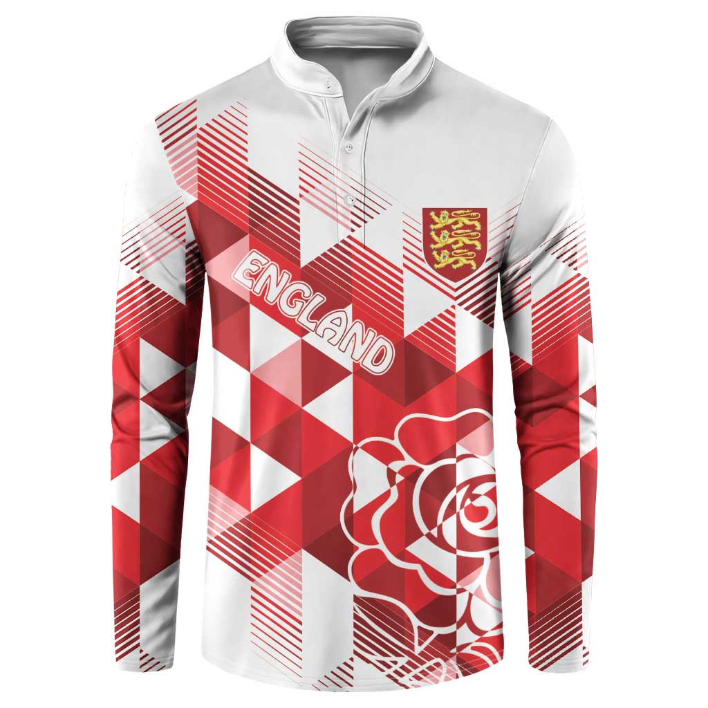 White and red button-front sweatshirt with England crest and rose graphic