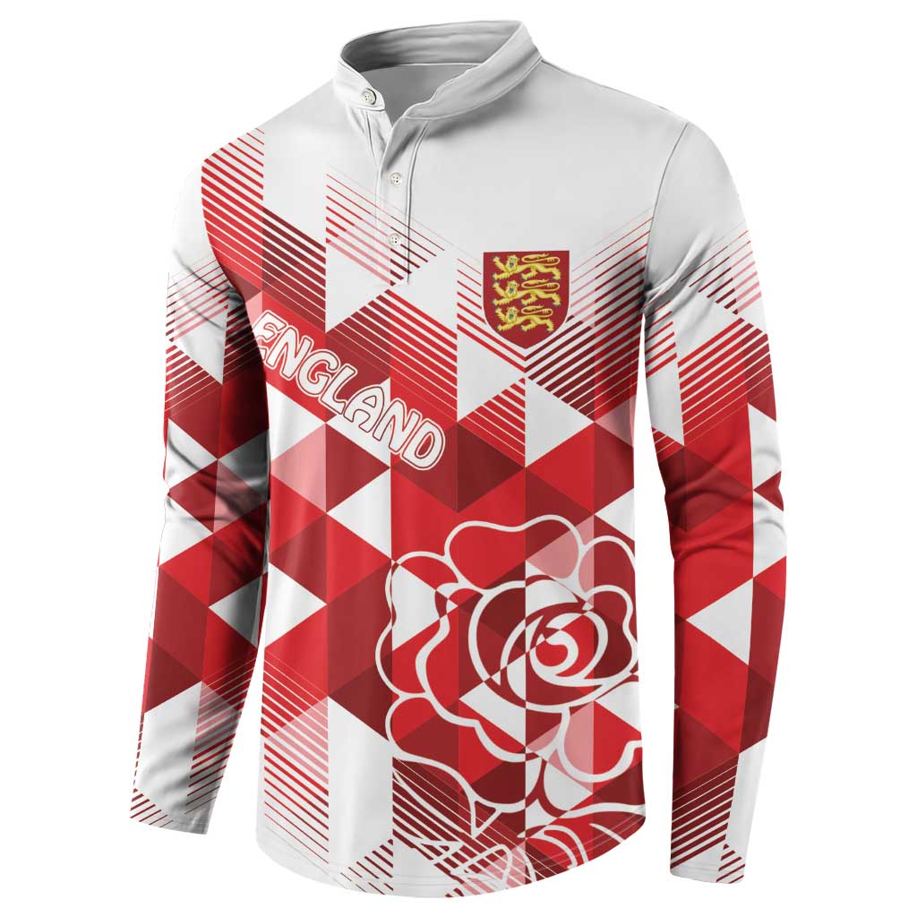 White and red button-front sweatshirt with England crest, rose graphic, long sleeves
