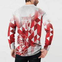 White and red back-print sweatshirt with YOUR TEXT 07 and rose graphic