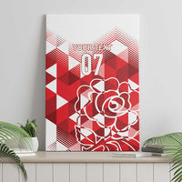 Red and white geometric rose canvas wall art showing "YOUR TEXT" and "07".
