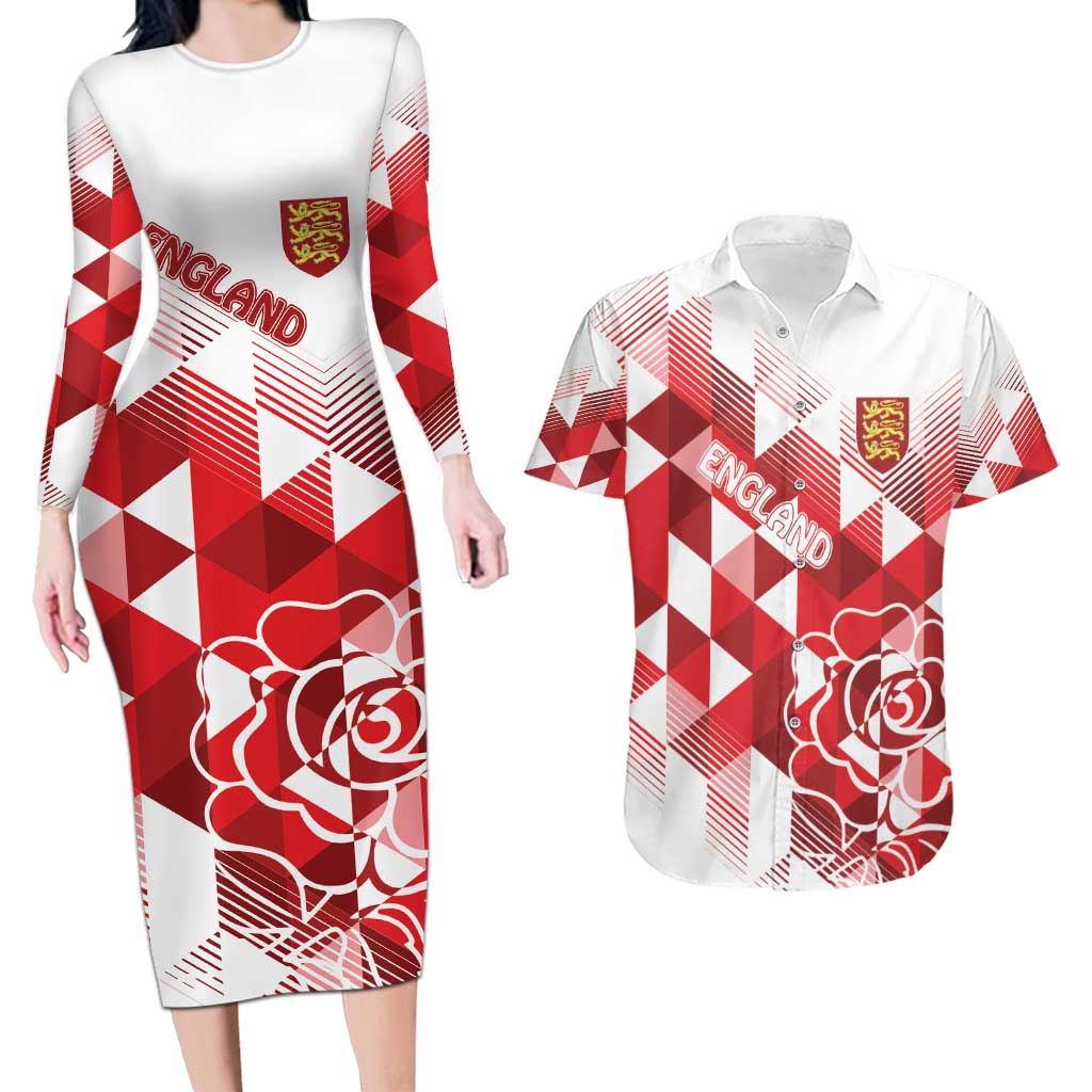 England Rugby Custom Couples Matching Long Sleeve Bodycon Dress and Hawaiian Shirt Crystalised Red Rose