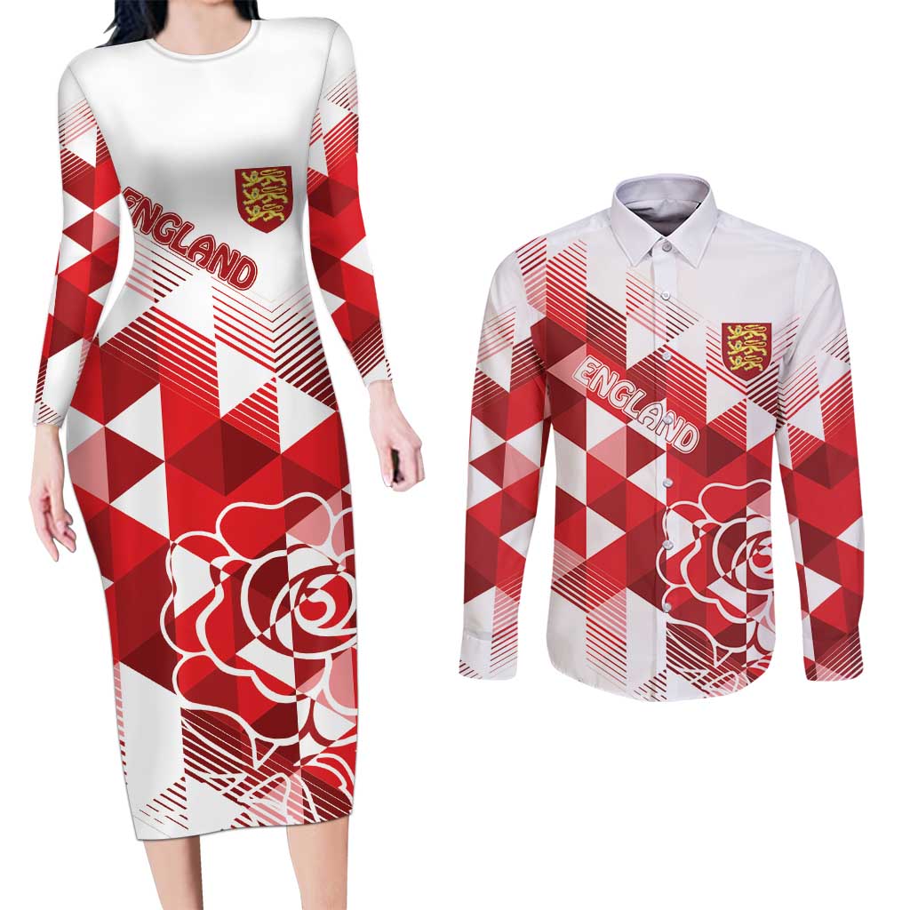 England Rugby Custom Couples Matching Long Sleeve Bodycon Dress and Long Sleeve Button Shirt Crystalised Red Rose