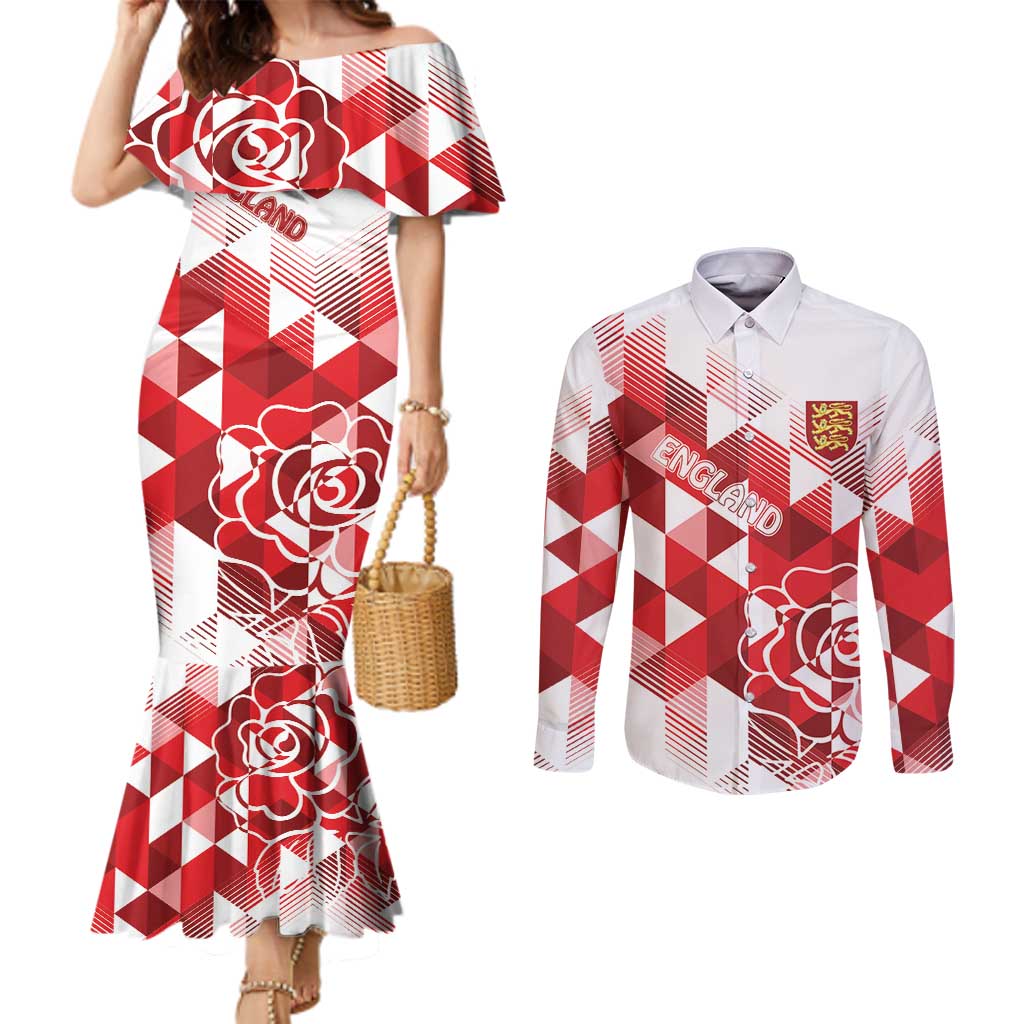 England Rugby Custom Couples Matching Mermaid Dress and Long Sleeve Button Shirt Crystalised Red Rose