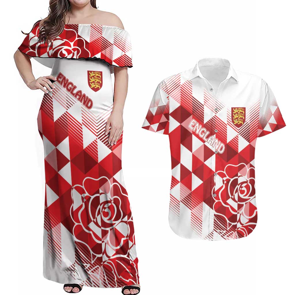 England Rugby Custom Couples Matching Off Shoulder Maxi Dress and Hawaiian Shirt Crystalised Red Rose