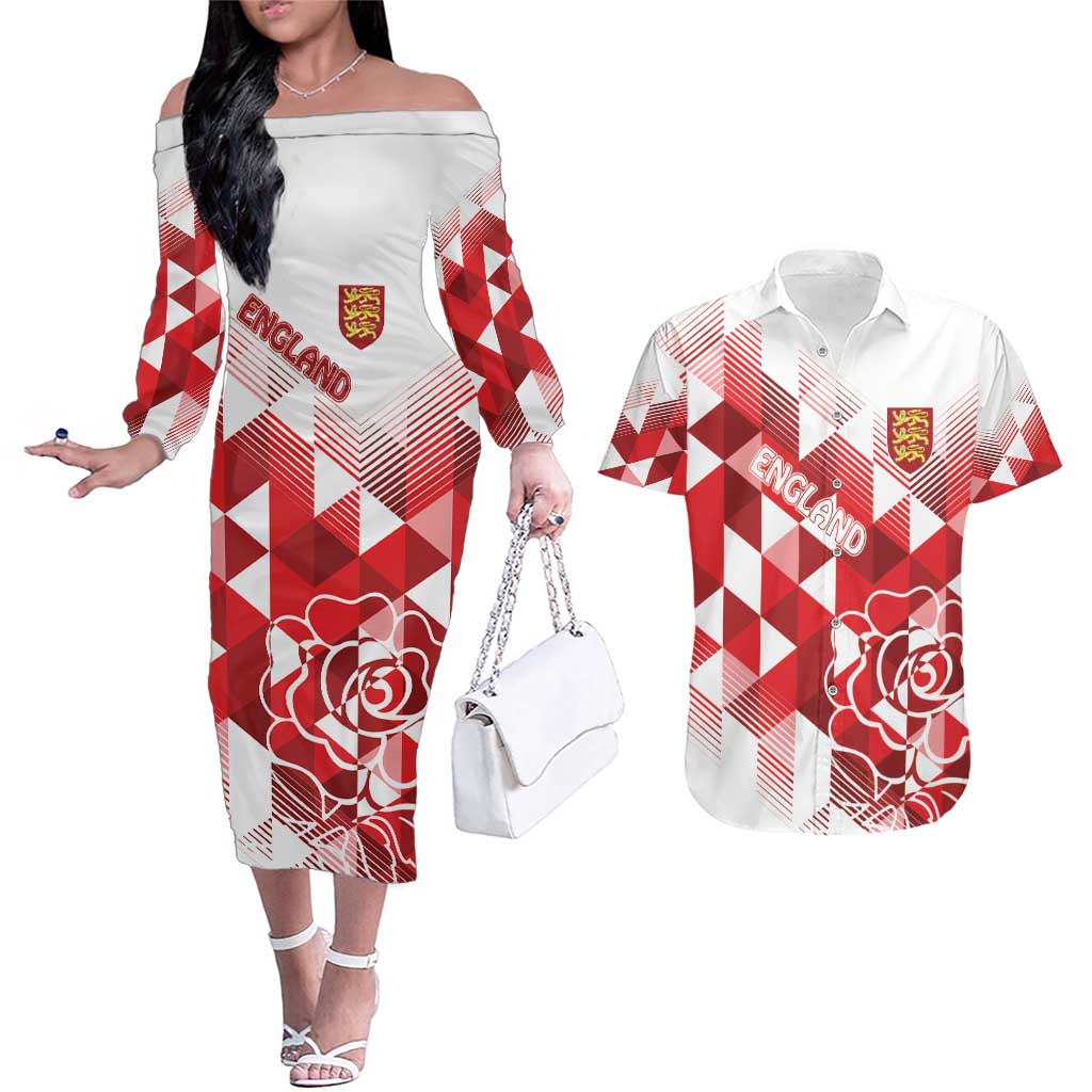 England Rugby Custom Couples Matching Off The Shoulder Long Sleeve Dress and Hawaiian Shirt Crystalised Red Rose