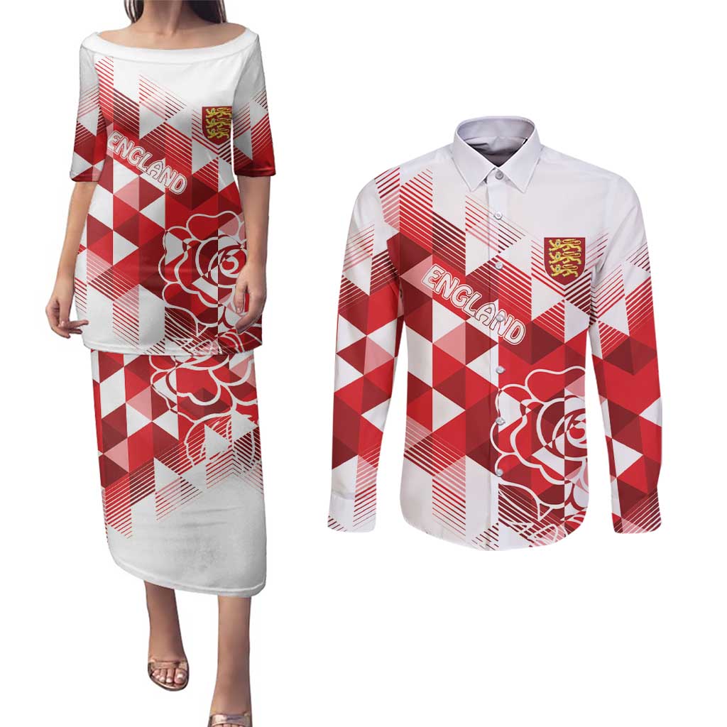 England Rugby Custom Couples Matching Puletasi and Long Sleeve Button Shirt Crystalised Red Rose