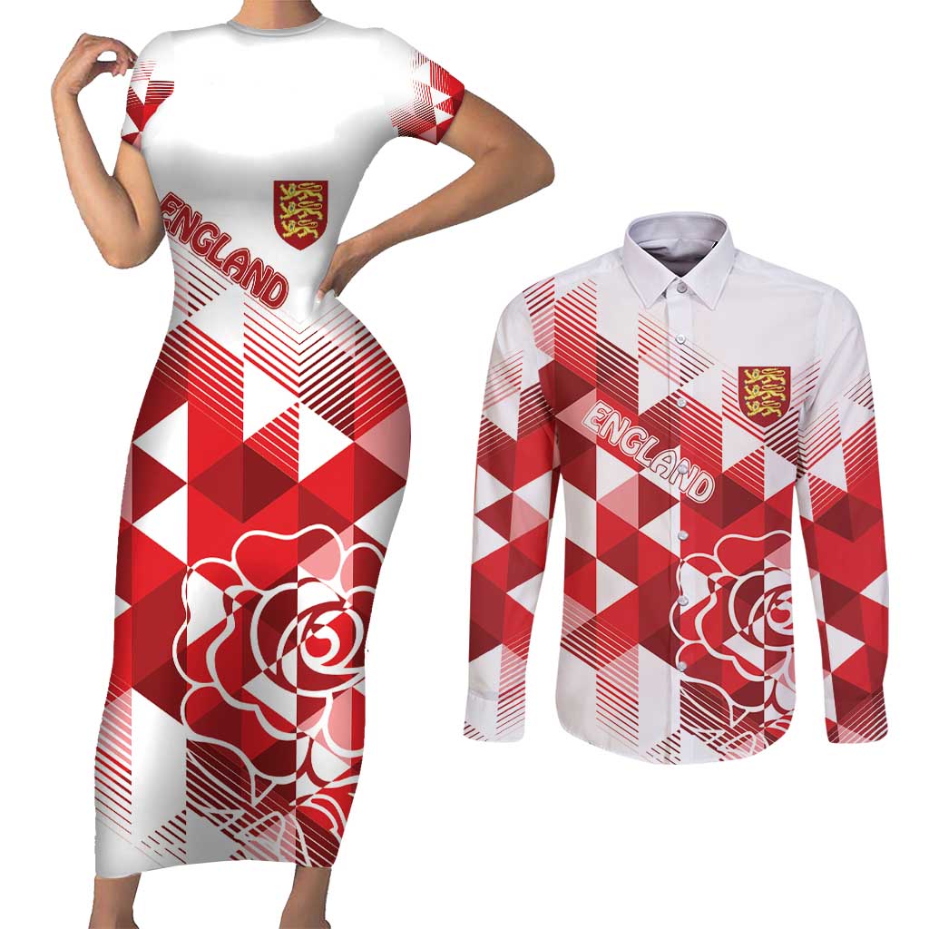 England Rugby Custom Couples Matching Short Sleeve Bodycon Dress and Long Sleeve Button Shirt Crystalised Red Rose