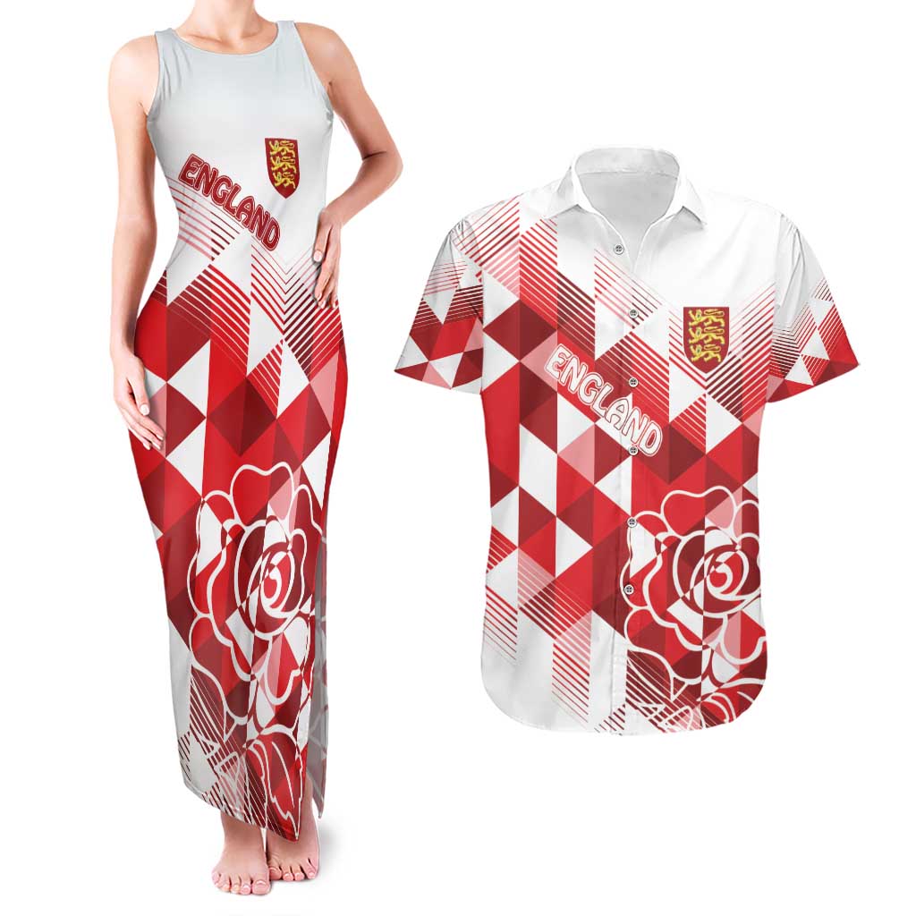 England Rugby Custom Couples Matching Tank Maxi Dress and Hawaiian Shirt Crystalised Red Rose