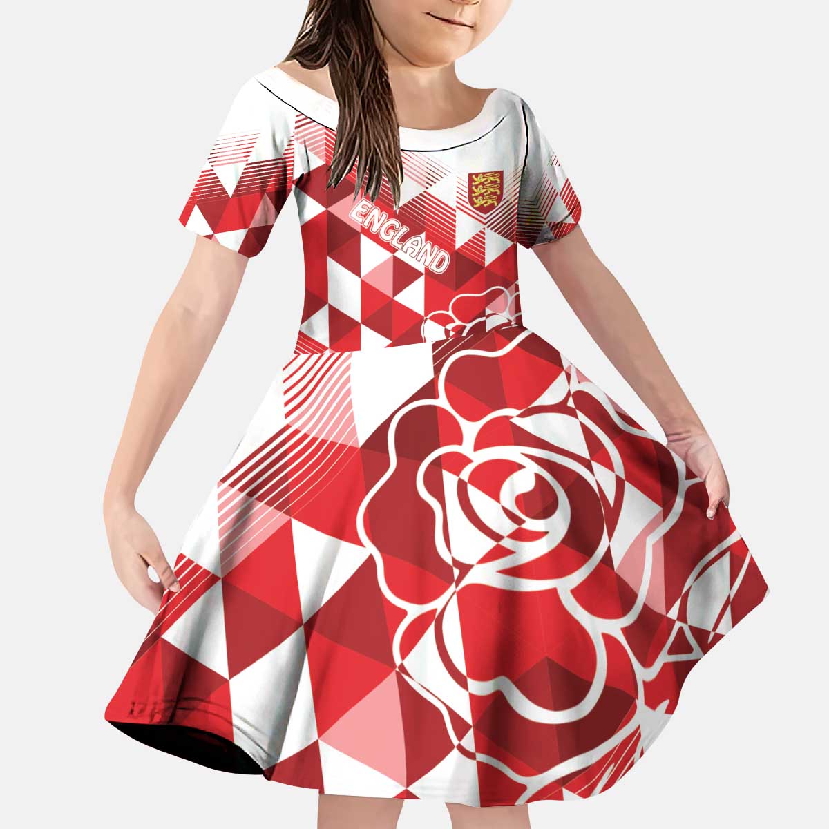 England Rugby Custom Kid Short Sleeve Dress Crystalised Red Rose - Wonder Print Shop