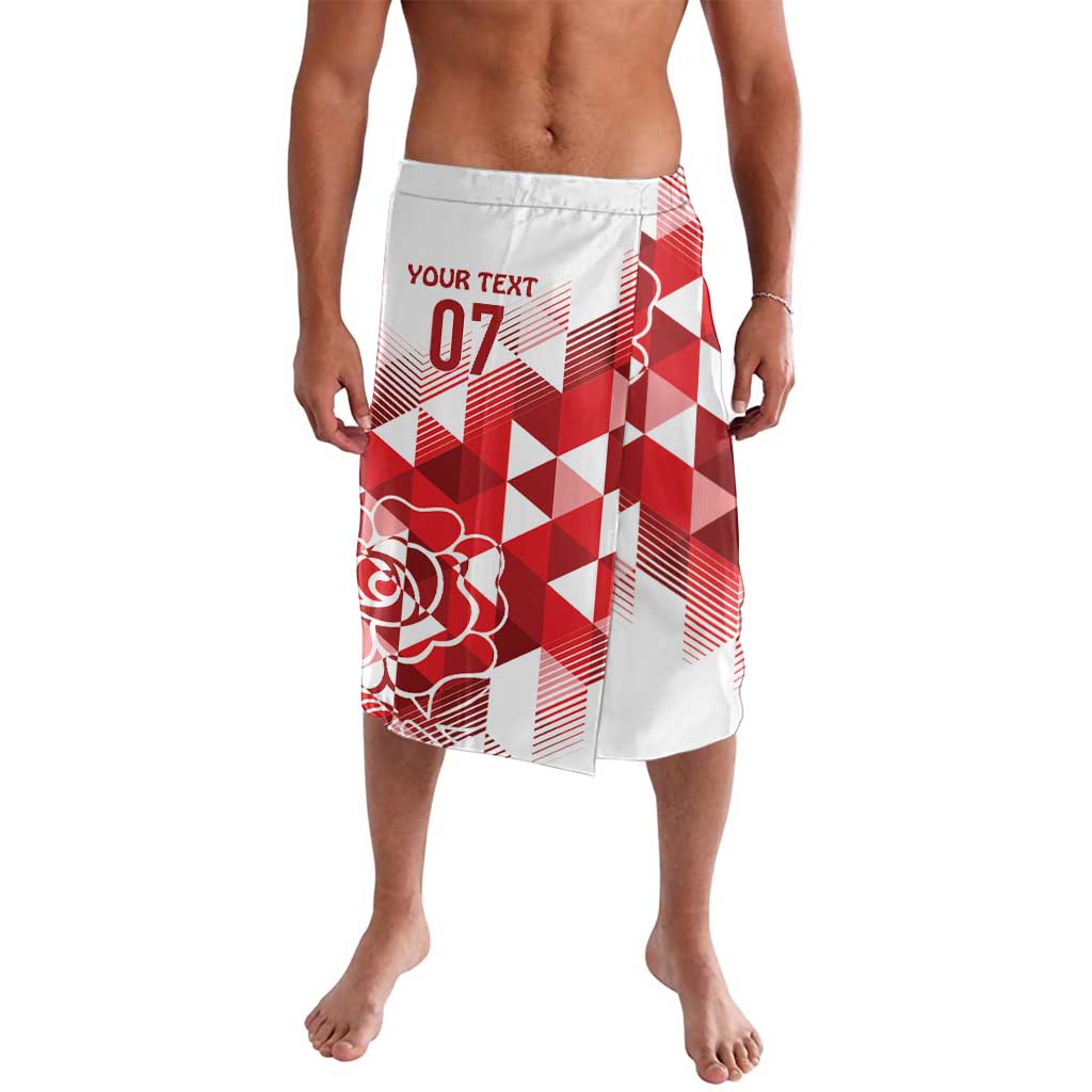 White and red graphic swim shorts with rose and geometric panel, 'YOUR TEXT 07' print