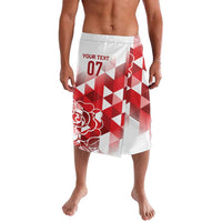 White and red graphic swim shorts with rose and geometric panel, 'YOUR TEXT 07' print
