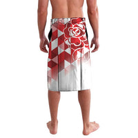 Red and white geometric swim shorts with rose outline and vertical stripe panels