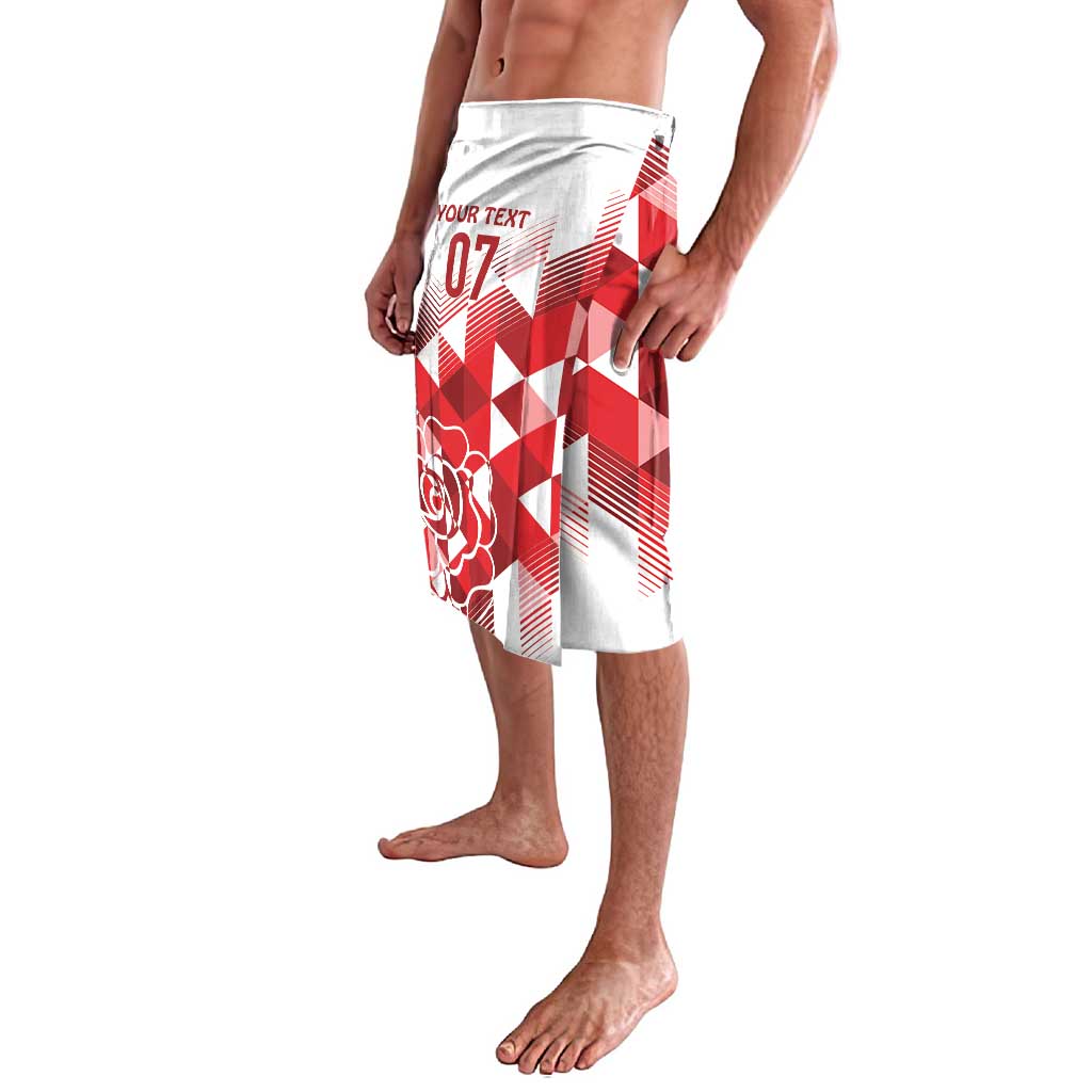 White and red swim shorts with 'YOUR TEXT 07' label and rose graphic