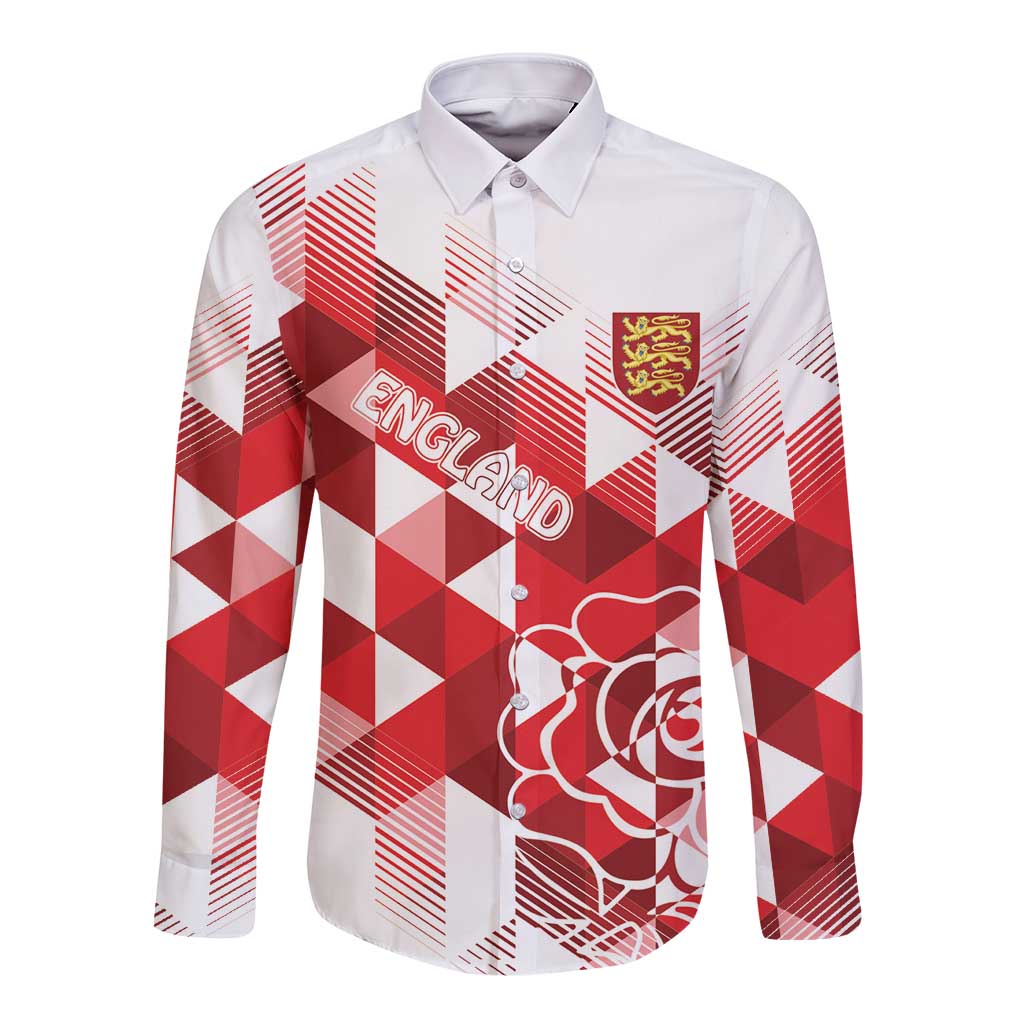 White long-sleeve button shirt with red geometric print, crest and lion graphic