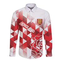 White long-sleeve button shirt with red geometric print, crest and lion graphic