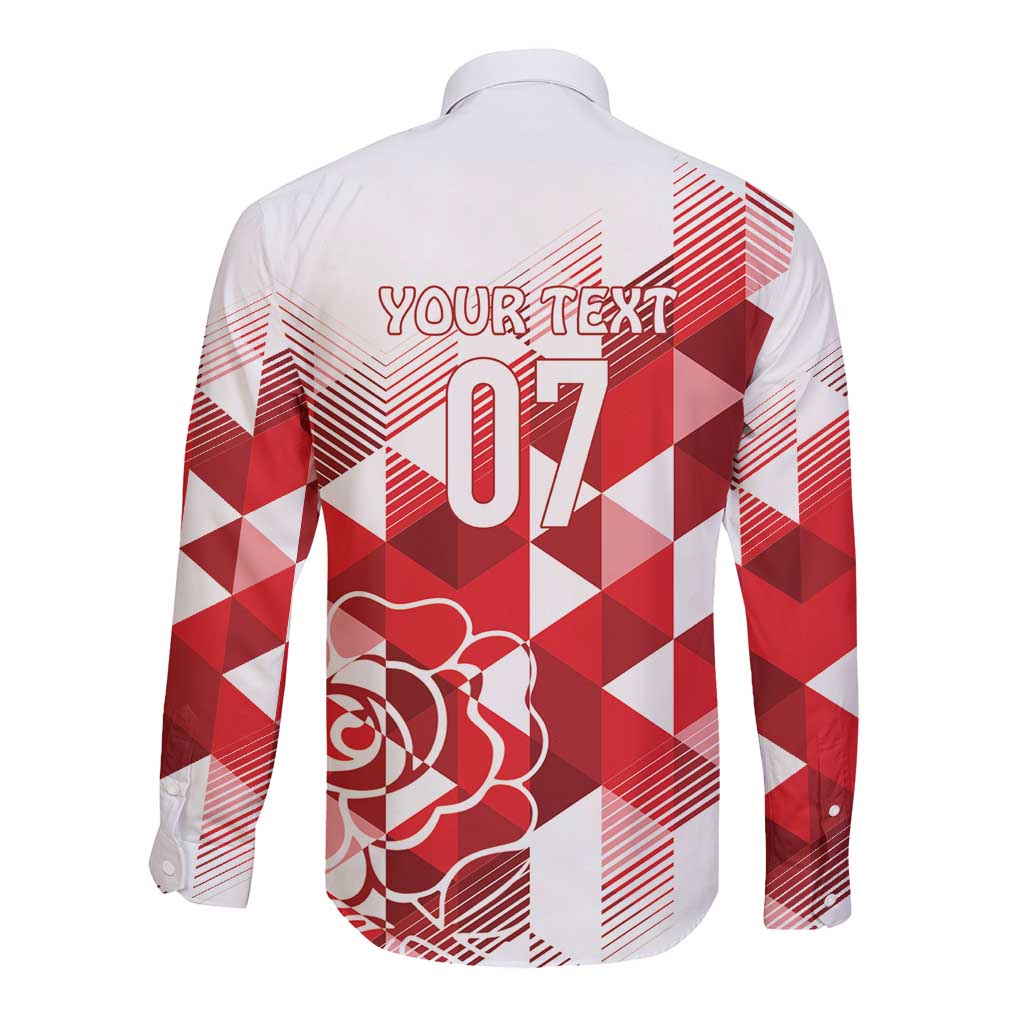 White long-sleeve button shirt, back view with YOURTEXT 07 and red geometric print