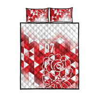 Red and white quilt bed set with 'YOUR TEXT 07' and rose design, plus 2 pillows