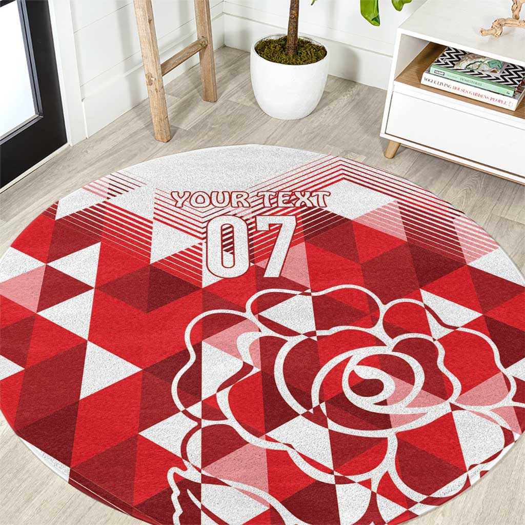 Red and white round rug with checker pattern, 'YOUR TEXT 07' and white rose design
