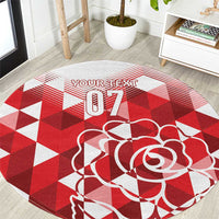 Red and white round rug with checker pattern, 'YOUR TEXT 07' and white rose design