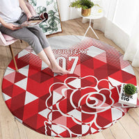 Red and white round rug with checker pattern, 'YOUR TEXT 07' and rose graphic