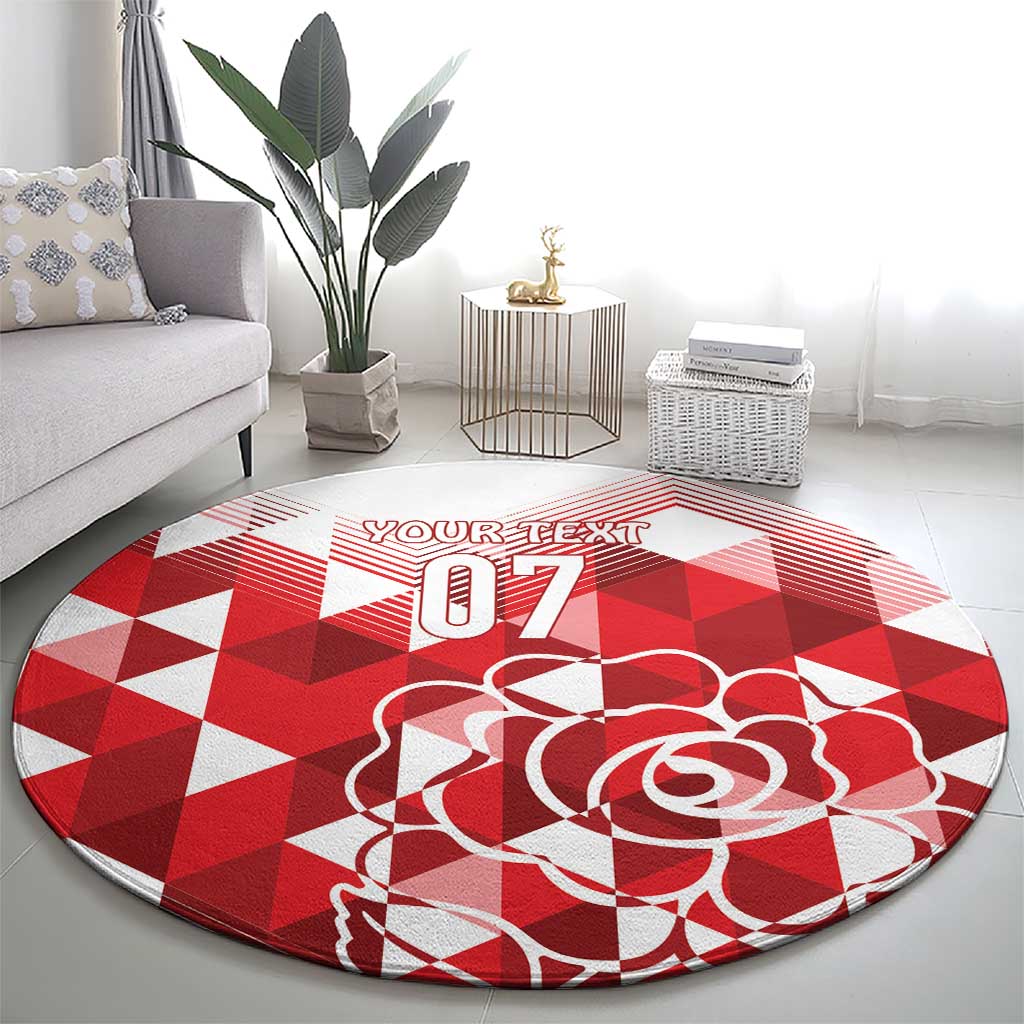 Red and white round rug with checker pattern, 'YOUR TEXT 07' and white rose art